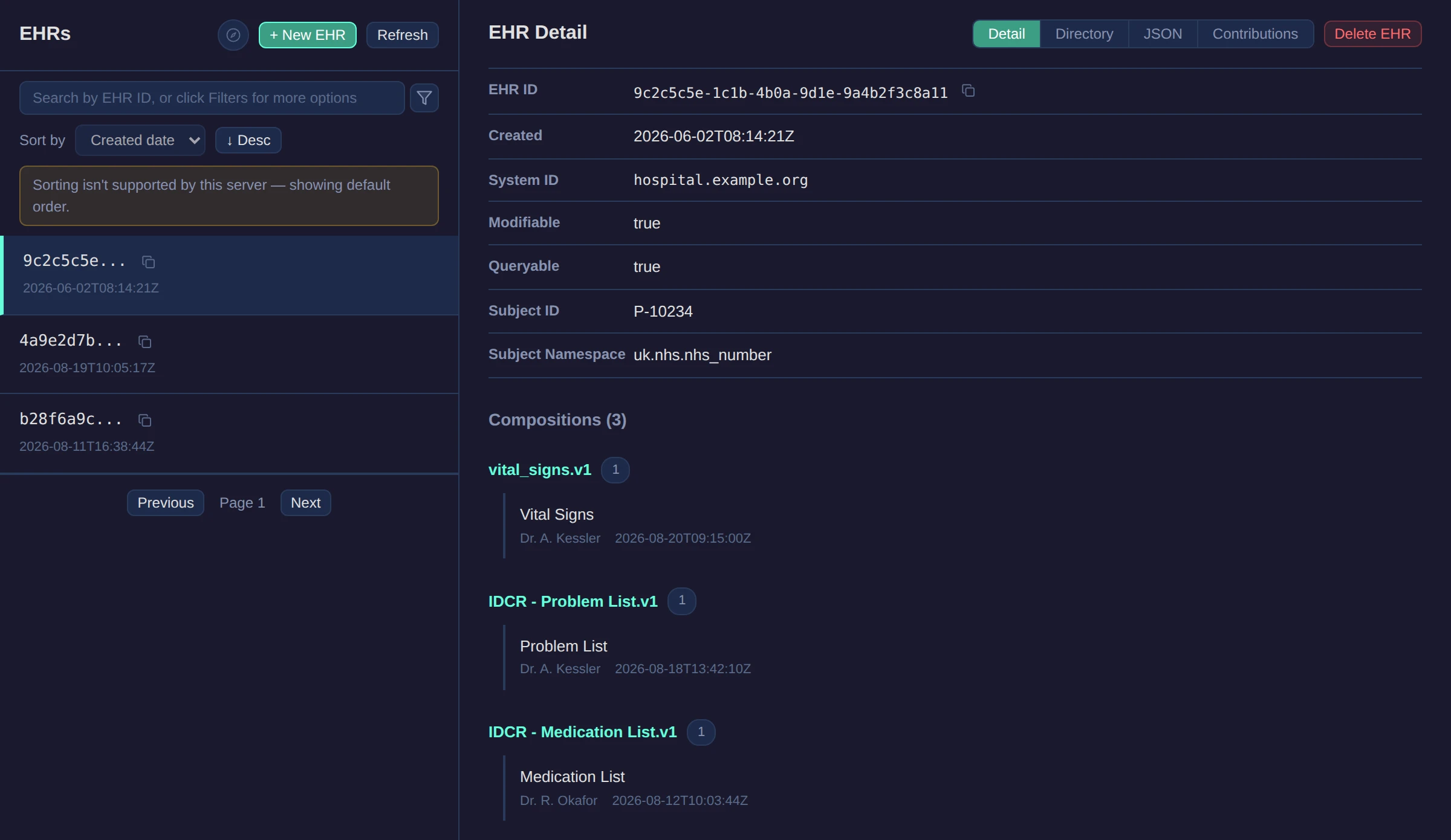 EHR Browser showing a paginated list of EHRs on the left and a selected EHR's details plus grouped compositions on the right