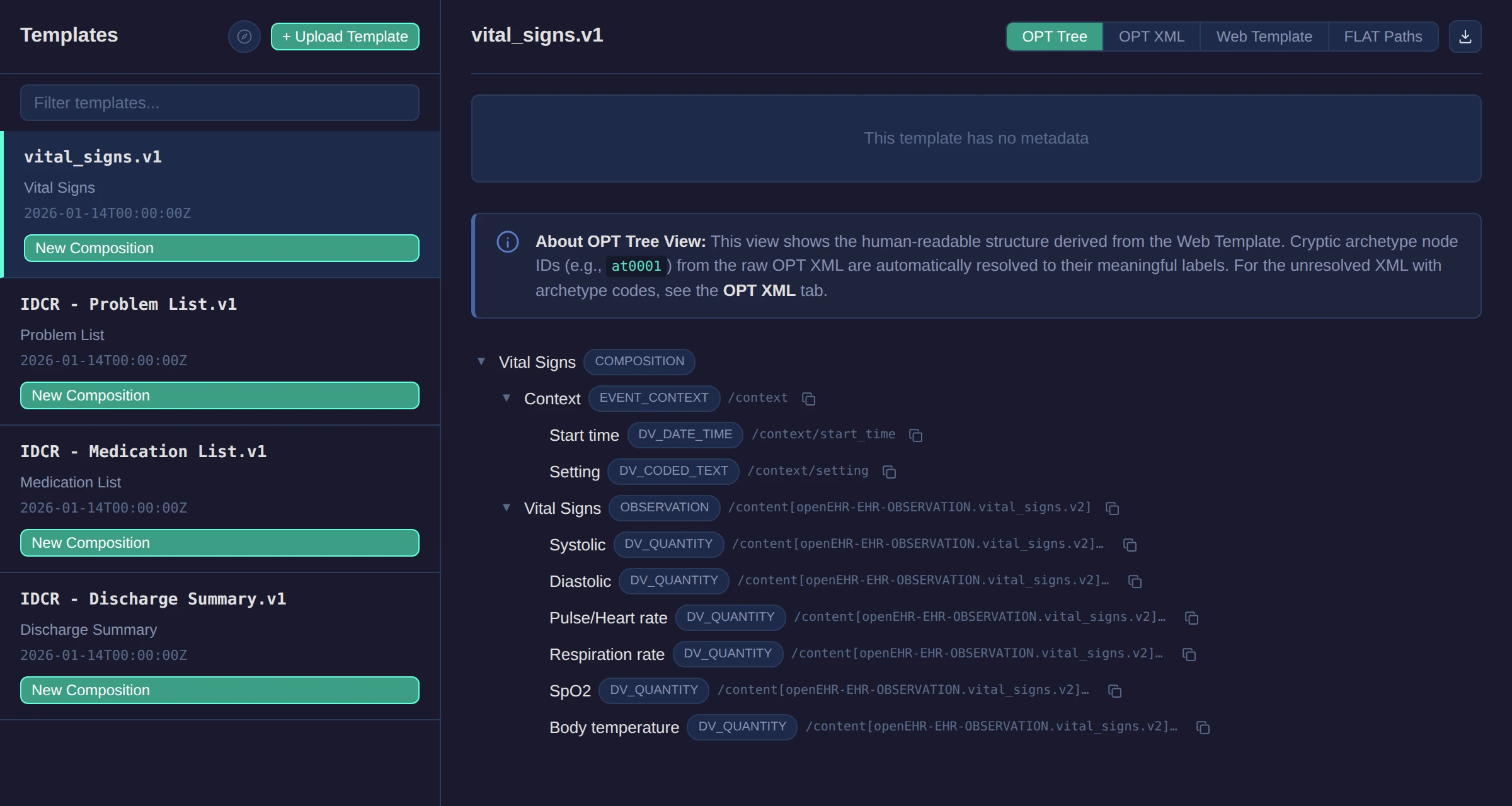 Template Browser showing the list of templates on a server and an interactive OPT tree for the selected template