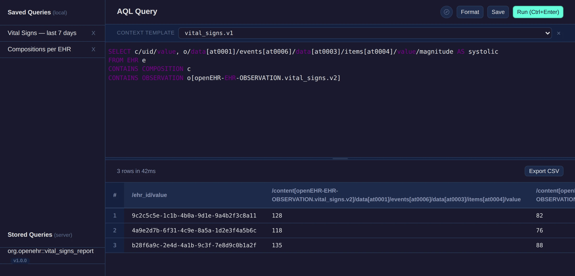 AQL Runner showing a query editor with a SELECT query and a tabular result set below it